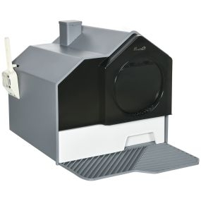 Arenero cubierto para gatos con bandeja extraíble, pala, pedal y filtro desodorizante 47x45x42 cm gris