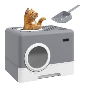 Arenero cubierto para gatos con bandeja extraíble, entrada frontal y salida superior, gris