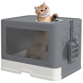 Arenero cubierto para gatos desmontable con bandeja extraíble y 2 puertas gris 48,5x38x36,5 cm