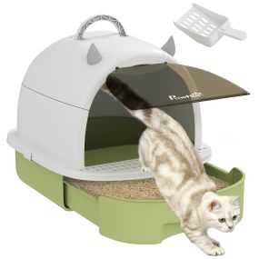 Arenero cubierto para gatos con tapa removible, bandeja extraíble, filtro de carbono y pala 40,5x52x39 cm blanco y verde