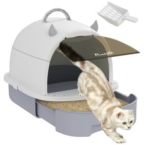 Arenero cubierto para gatos con tapa removible, bandeja extraíble, filtro de carbono y pala, 40,5x52x39 cm, blanco y gris