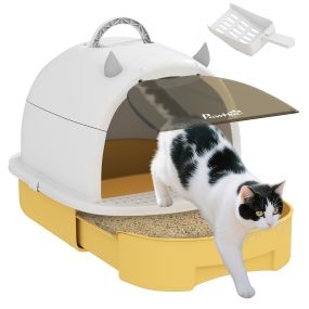 Arenero cubierto para gatos con tapa removible, bandeja extraíble, filtro de carbono y asa 40,5x52x39 cm amarillo y blanco