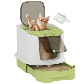 Arenero cubierto para gatos con entrada frontal, salida superior, tapa removible y bandeja extraíble 40,5x52,5x42,5 cm blanco y verde