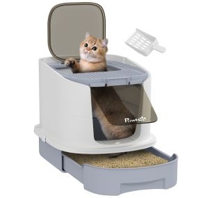 Arenero cubierto para gatos con entrada frontal, salida superior, tapa removible y bandeja extraíble 40,5x52,5x42,5 cm blanco y gris