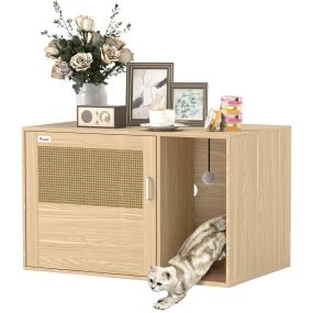 Mueble arenero para gatos con almohadilla para rascar y puerta de ratán 80x50x50 cm roble
