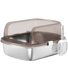 Arenero cubierto extragrande para gatos con bandeja de acero inoxidable gris