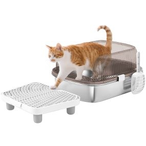 Arenero cubierto extragrande para gatos con bandeja de acero inoxidable, bordes altos, gris
