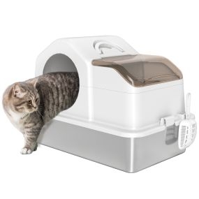 Arenero cubierto extragrande para gatos con bandeja de acero inoxidable blanco