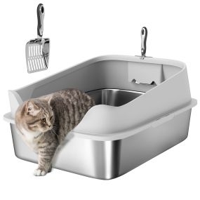 Arenero para gatos de acero inoxidable XXL con borde alto y pala metálica gris 69,8x50,3x29,8 cm