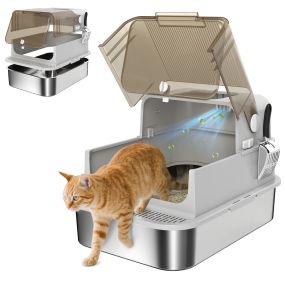 Arenero para gatos de acero inoxidable XXL gris con tapa abatible, laterales altos y entrada superior