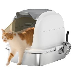 Arenero para gatos de acero inoxidable XL blanco con tapa abatible, laterales altos y entrada superior