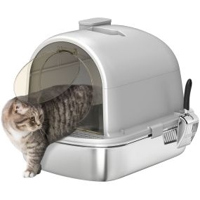Arenero para gatos de acero inoxidable con cubierta y bolsa desodorizante 52,4x41,3x39,9 cm gris