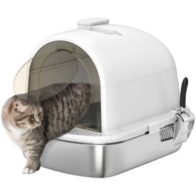 Arenero para gatos de acero inoxidable con cubierta y bolsa desodorizante 52,4x41,3x39,9 cm blanco