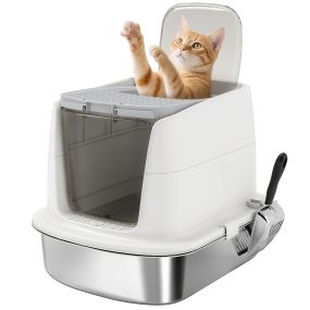 Arenero para Gatos de Acero Inoxidable L, Caja de Arena para Gatos con Tapa Abatible, Pala Metálica, Bolsa Desodorizante, Fácil de Limpiar, Antifugas, Blanco