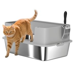 Arenero para gatos de acero inoxidable XL con borde alto y pala 60x40x29,5 cm gris