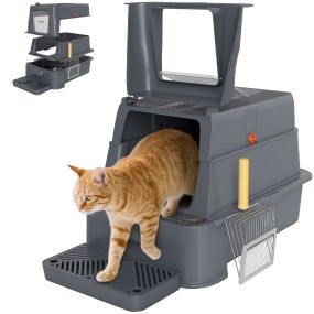 Arenero para gatos de acero inoxidable XL con tapa abatible 180°, laterales altos, pedal y pala, gris oscuro