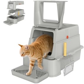Arenero para gatos de acero inoxidable XL con tapa abatible 180°, laterales altos, pedal y pala, gris claro
