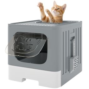 Arenero plegable para gatos M con tapa enrejada, bandeja extraíble, pala y gancho lateral, gris