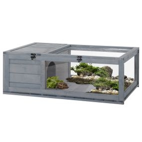 Casa para tortugas de madera con techo de malla y paneles transparentes, 91x60,5x32 cm, gris