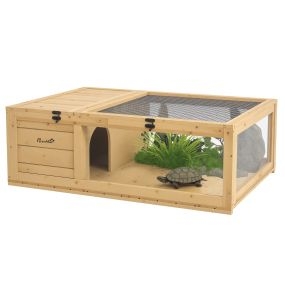 Casa para tortugas de madera con techo de malla y paneles transparentes, 91x60,5x32 cm, natural