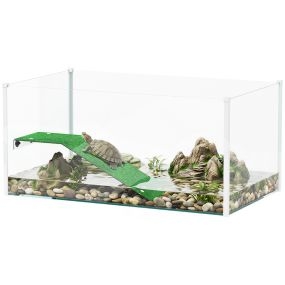 Acuario para tortugas con plataforma y rampa, césped artificial, vista 360°, 60x35x28 cm, blanco