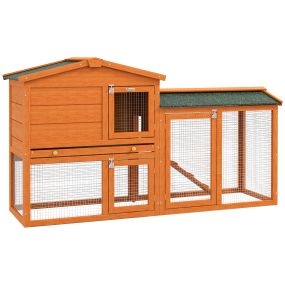 Conejera de madera de 2 niveles con techo asfáltico, bandeja extraíble y escalera, 150x45x85 cm, naranja