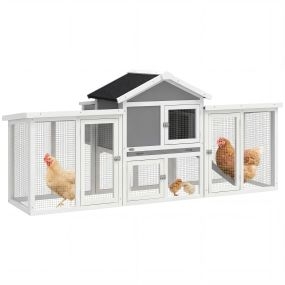 Gallinero exterior grande de madera 204x85x93 cm gris con caja de anidación, corral, bandeja extraíble, techo impermeable, rampa y percha