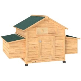 Gallinero de madera para exterior con 2 nidos, bandeja extraíble, perchas y techo impermeable 150x100x96,5 cm amarillo