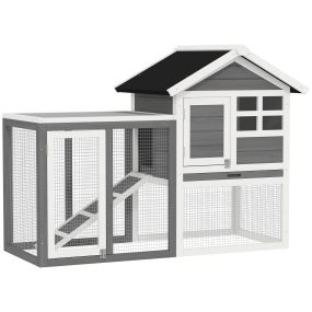 Conejera de madera de 2 niveles para exterior con techo asfáltico y bandeja extraíble gris 123,5x62,6x92,5 cm