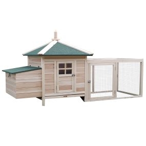 Gallinero de madera exterior con nidos, corral, bandeja extraíble y tapa abatible 196x76x97 cm natural
