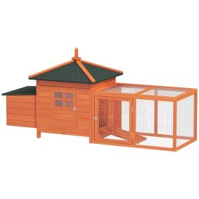Gallinero de madera exterior con nidos, corral, bandeja extraíble y tapa abatible 196x76x97 cm naranja