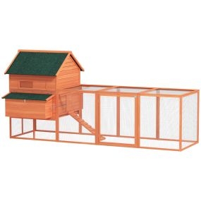 Gallinero de madera exterior grande con 2 nidos, techo asfáltico, bandeja y rampa, 347x160x150 cm, naranja