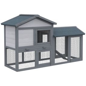 Conejera de madera para exterior con bandeja extraíble, rampa antideslizante y puertas, 147x54x84 cm gris