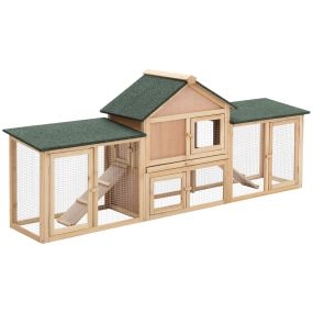 Conejera de exterior grande de madera para 2-4 conejos con techo asfáltico 210x45,5x84,5 cm natural y verde
