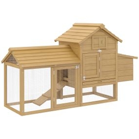 Gallinero de madera para exterior con 2 corrales, techo abrible, nido y bandeja 151,5x54x87 cm natural