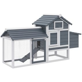 Gallinero de madera exterior para 2-3 gallinas con 2 corrales, techo abrible y bandeja extraíble 150,5x54x87 cm gris