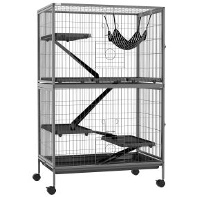 Jaula para animales pequeños de 4 niveles con ruedas, rampas, hamaca y bandeja extraíble 80x52x128 cm gris claro