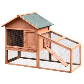 Conejera de exterior de madera de dos niveles con techo, puerta, ventana y bandeja extraíble 144x64.5x100cm