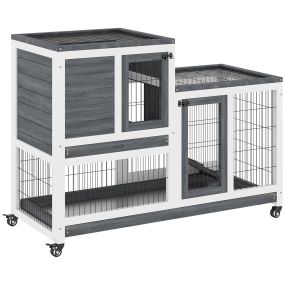 Conejera de madera de 2 niveles con ruedas, puertas, zona abierta, rampa y 2 bandejas 110x50x88 cm gris