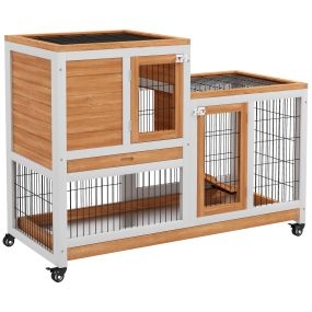 Conejera de madera de 2 niveles con ruedas, puertas, rampa y 2 bandejas 110x50x88 cm natural y blanco