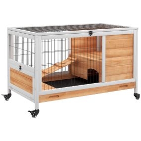 Jaula para Conejos de Madera Conejera para Mascotas Pequeñas Portátil Interior con Techo Abrible Rampa Bandeja Extraíble para Conejillos de Indias 90x53x59 cm Madera Natural