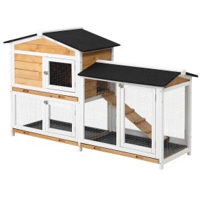 Conejera de madera exterior 2 niveles con techo asfáltico, 2 corrales, bandeja extraíble y rampa 157,4x53x93,5 cm natural