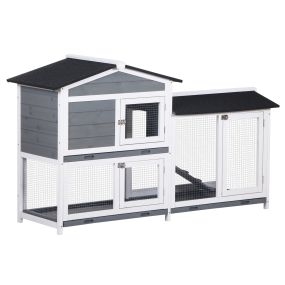 Conejera de Madera Exterior Jaula para Conejos de 2 Niveles con Techo Asfáltico 2 Corrales de Metal Bandeja Extraíble 2 Puertas y Rampa 157,4x53x93,5 cm Gris