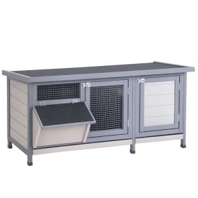 Conejera de madera para exterior con techo abatible, puertas con pestillo, bandejas y comedero, 112x50x54 cm, gris