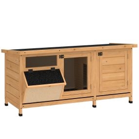 Conejera de madera para exterior con techo asfáltico abatible, puertas con pestillo, bandejas extraíbles y comedero, 112x50x54 cm, amarillo
