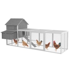Gallinero grande de madera gris para exterior 310,5x149,5x149 cm para 4-6 gallinas con 2 nidos, ventanas, puertas, bandeja extraíble y rampa