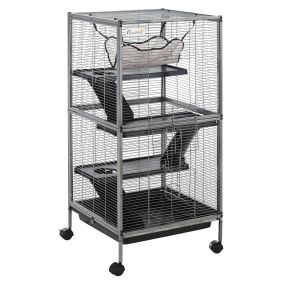 Jaula para animales pequeños de 4 niveles 52x52x113,5 cm con ruedas, 2 puertas, 3 rampas y bandeja extraíble gris plateado