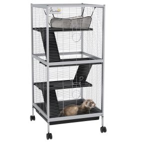 Jaula para roedores de 4 niveles con ruedas 2 puertas 3 rampas y bandeja extraíble 52x52x113,5 cm gris claro