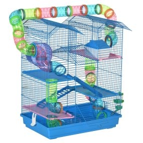 Jaula para hámster de 5 niveles 47x30x59 cm con túnel, comedero, bebedero, casita y rueda azul