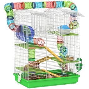 Jaula para hámster de 5 niveles 47x30x59 cm con túnel, comedero, bebedero, casita, rueda y escaleras verde